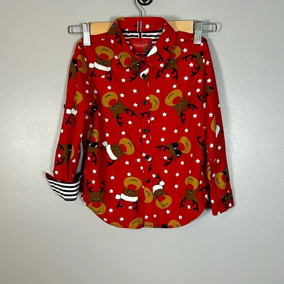 Denim & Flower Ricky Singh Reindeer Button Down Long Sleeve Boys Size 4 - Picture 1 of 10